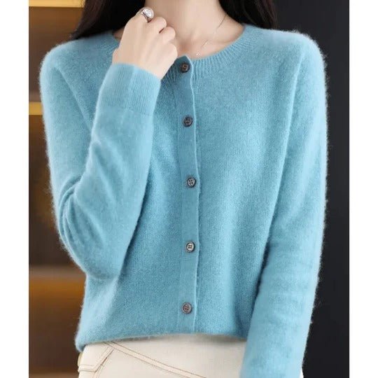 Women's Notch Collar Round Neck Cardigan Sweater | Button Front Side
