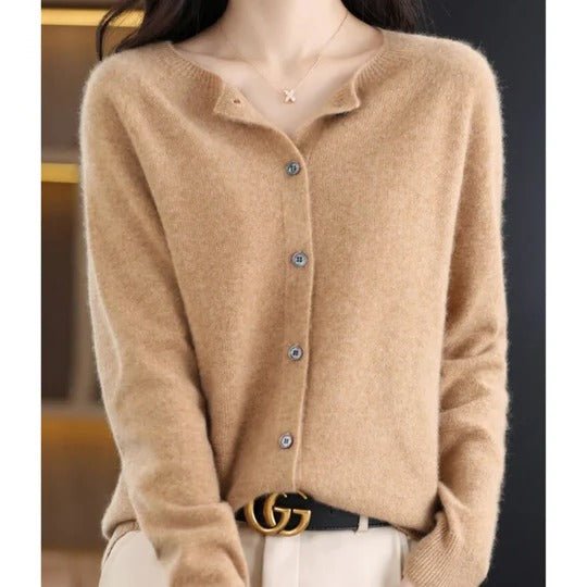 Women's Notch Collar Round Neck Cardigan Sweater | Button Front View 11
