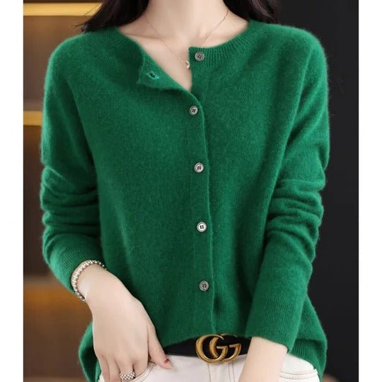 Women's Notch Collar Round Neck Cardigan Sweater | Button Front View 12