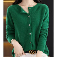 Women's Notch Collar Round Neck Cardigan Sweater | Button Front View 12