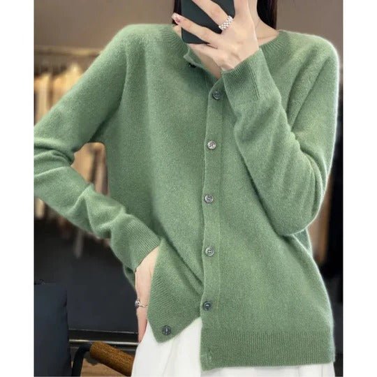 Women's Notch Collar Round Neck Cardigan Sweater | Button Front View 13