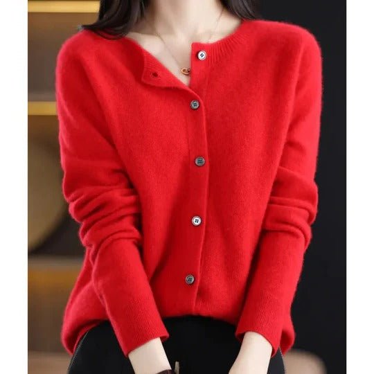 Women's Notch Collar Round Neck Cardigan Sweater | Button Front View 14