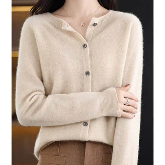 Women's Notch Collar Round Neck Cardigan Sweater | Button Front View 15