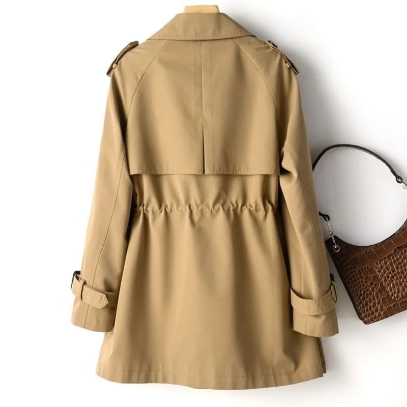 Women's Notched Lapel Trench Coat | Elasticated Waist Mid-Length Close Up