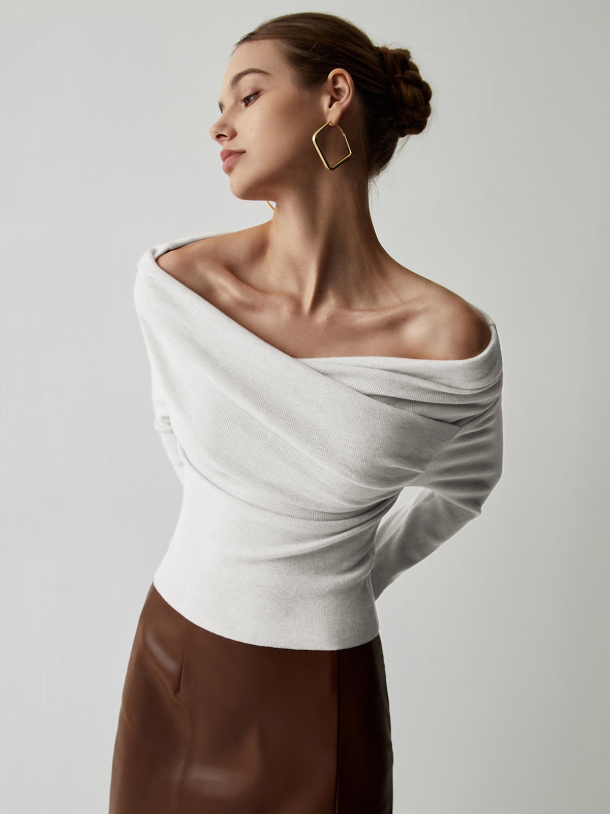 Women's Off Shoulder Wrap Knit Top | Long Sleeve Slim Fit Angle