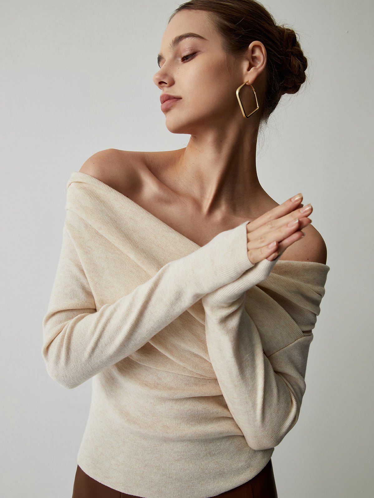 Women's Off Shoulder Wrap Knit Top | Long Sleeve Slim Fit Detail