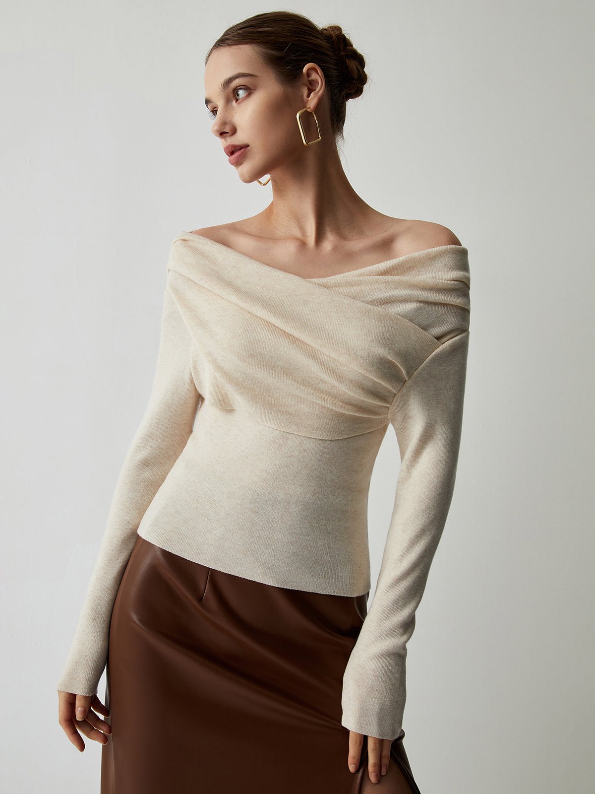 Women's Off Shoulder Wrap Knit Top | Long Sleeve Slim Fit Front