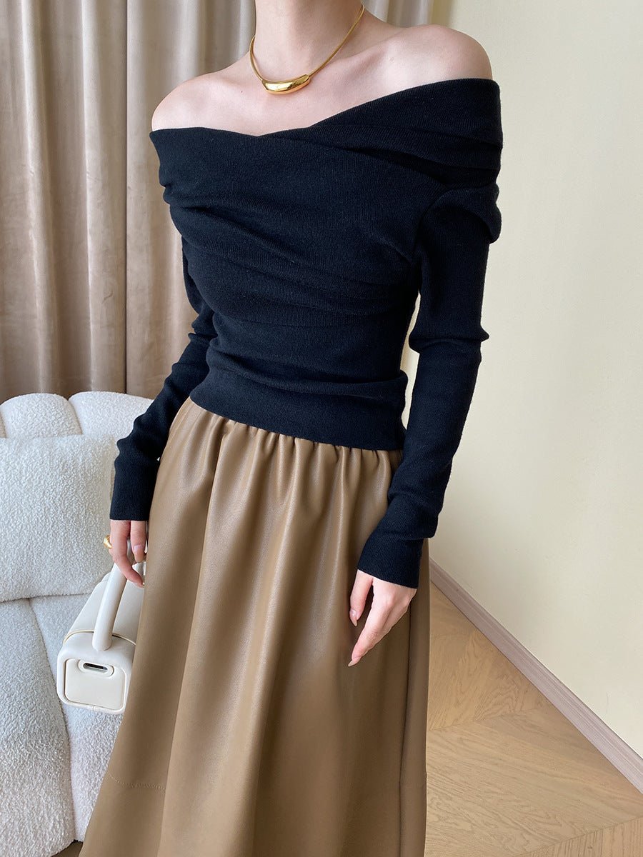 Women's Off Shoulder Wrap Knit Top | Long Sleeve Slim Fit Full