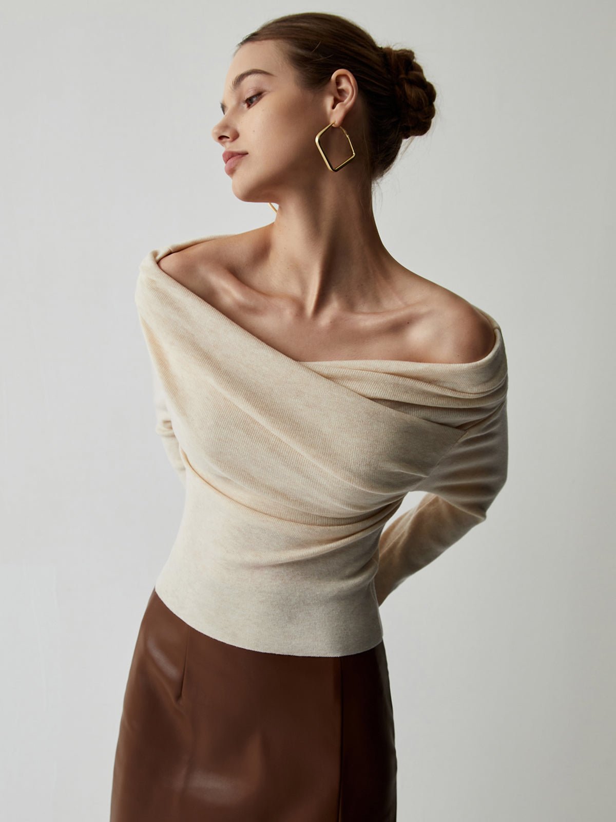 Women's Off Shoulder Wrap Knit Top | Long Sleeve Slim Fit Hero