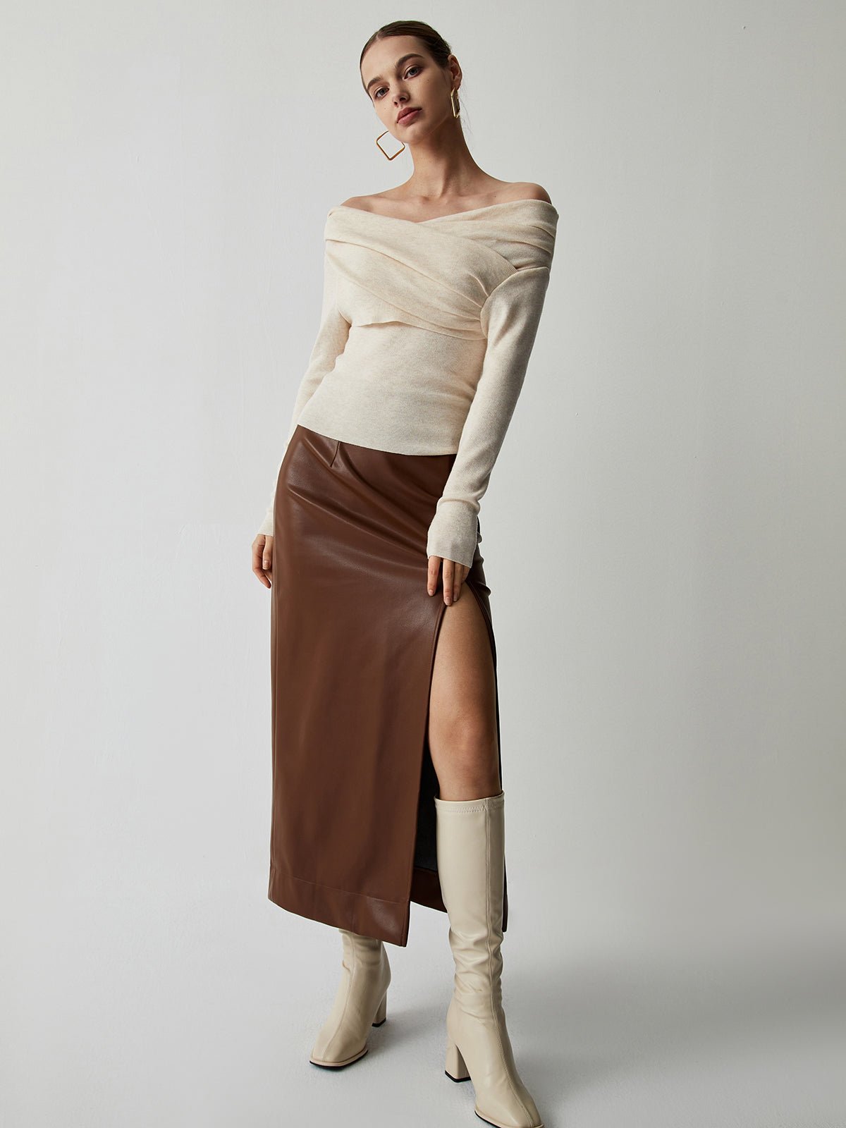 Women's Off Shoulder Wrap Knit Top | Long Sleeve Slim Fit Side