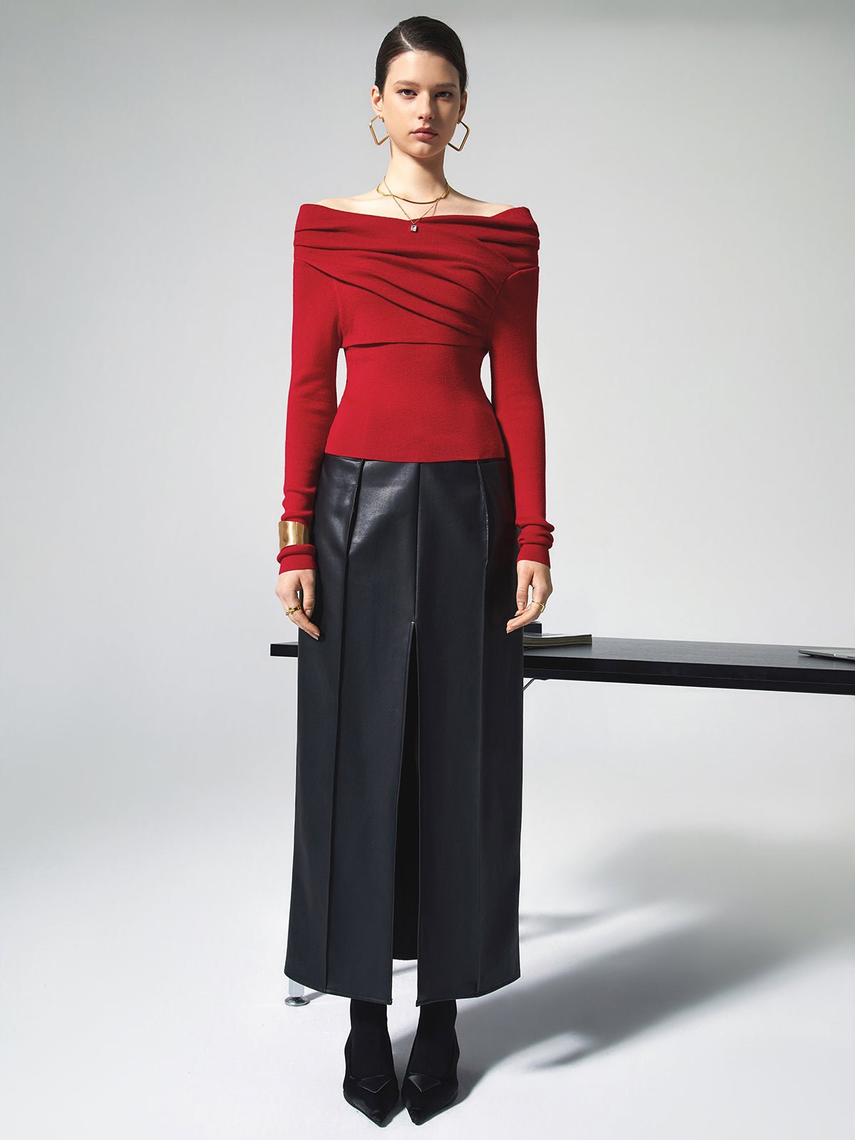Women's Off Shoulder Wrap Knit Top | Long Sleeve Slim Fit View 11