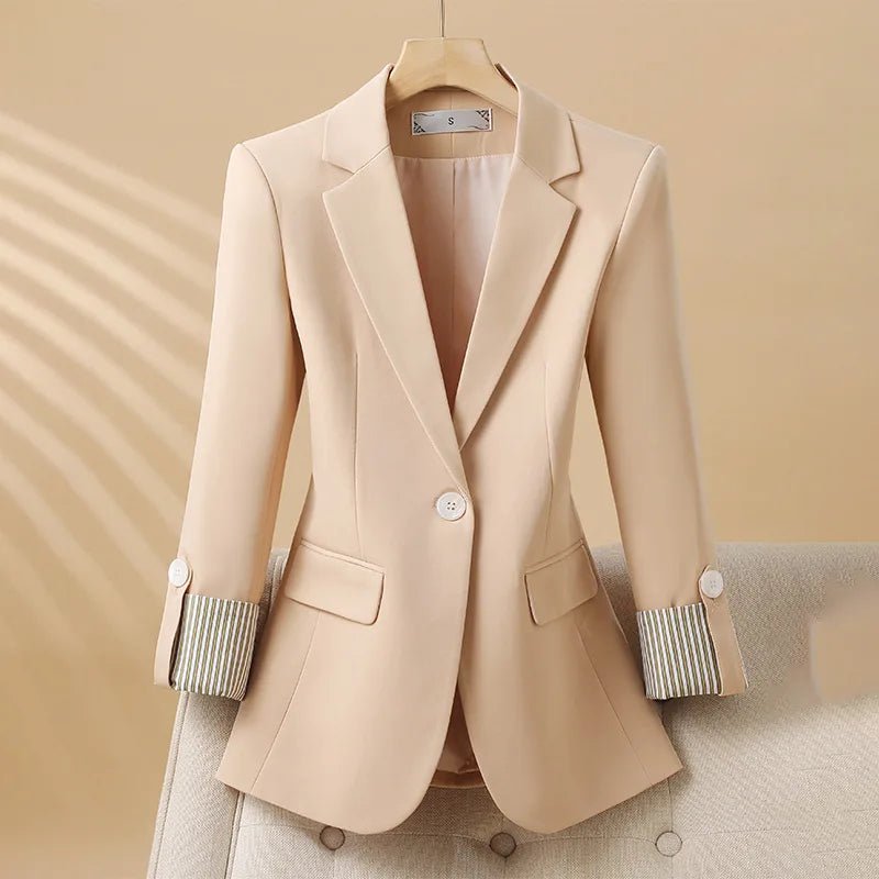 Women's One-Button Blazer | Striped Contrast Cuffs Tailored Fit Detail