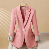 Women's One-Button Blazer | Striped Contrast Cuffs Tailored Fit