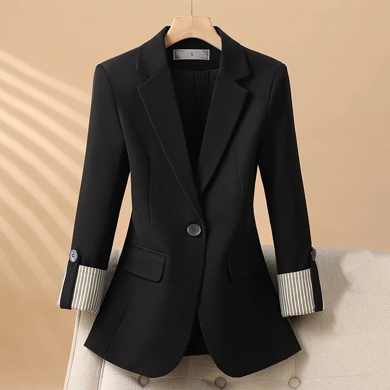 Women's One-Button Blazer | Striped Contrast Cuffs Tailored Fit Side