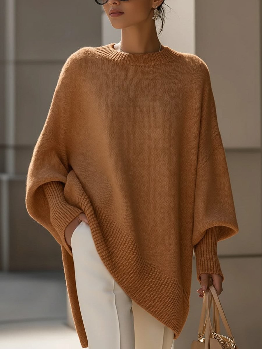 Women's Oversized Asymmetrical Merino Wool Sweater | Draped Knit Angle