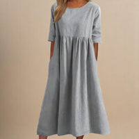 Women's Paisley Linen Midi Dress | Gathered Waist Casual Fit Angle