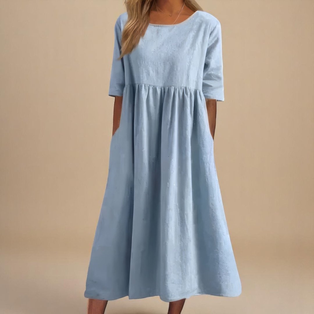 Women's Paisley Linen Midi Dress | Gathered Waist Casual Fit Back