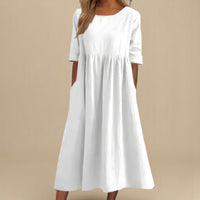 Women's Paisley Linen Midi Dress | Gathered Waist Casual Fit Close Up