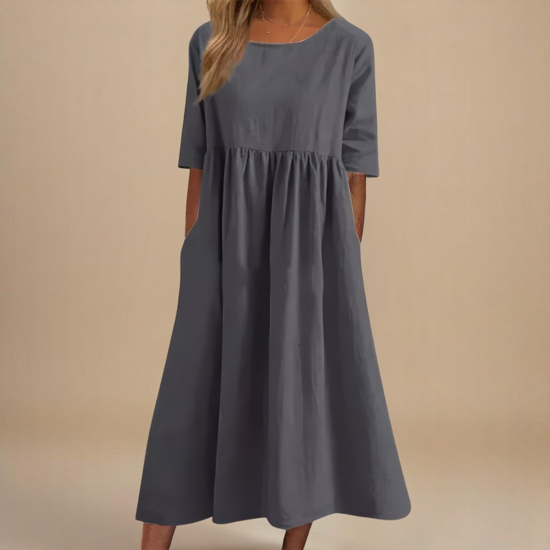 Women's Paisley Linen Midi Dress | Gathered Waist Casual Fit Front