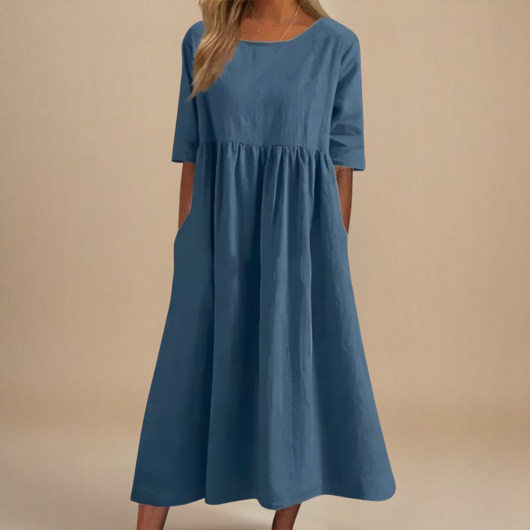 Women's Paisley Linen Midi Dress | Gathered Waist Casual Fit Side