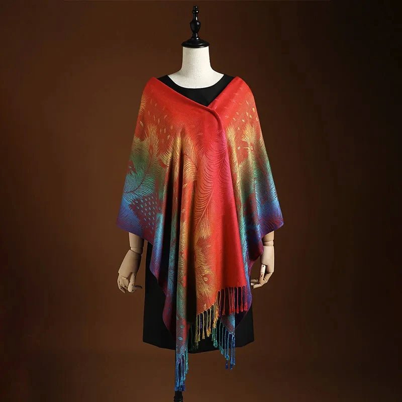 Women's Peacock Pattern Shawl | Bohemian Fringe Detail