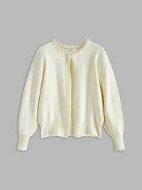 Women's Pearl Trim Cardigan Sweater | Ripped Hem Knit Back