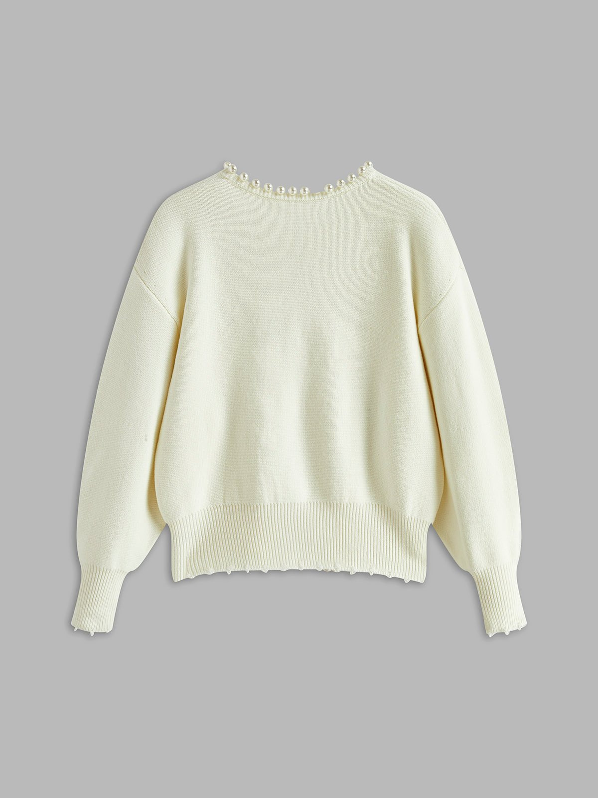 Women's Pearl Trim Cardigan Sweater | Ripped Hem Knit Close Up