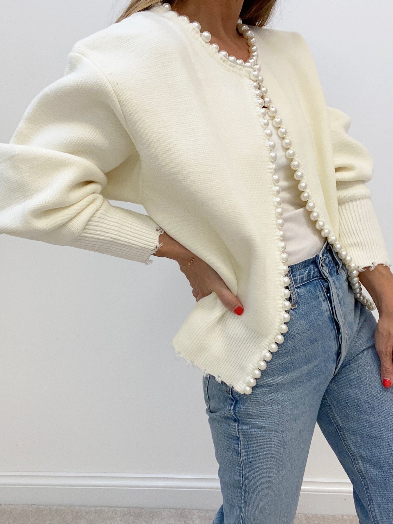Women's Pearl Trim Cardigan Sweater | Ripped Hem Knit Detail