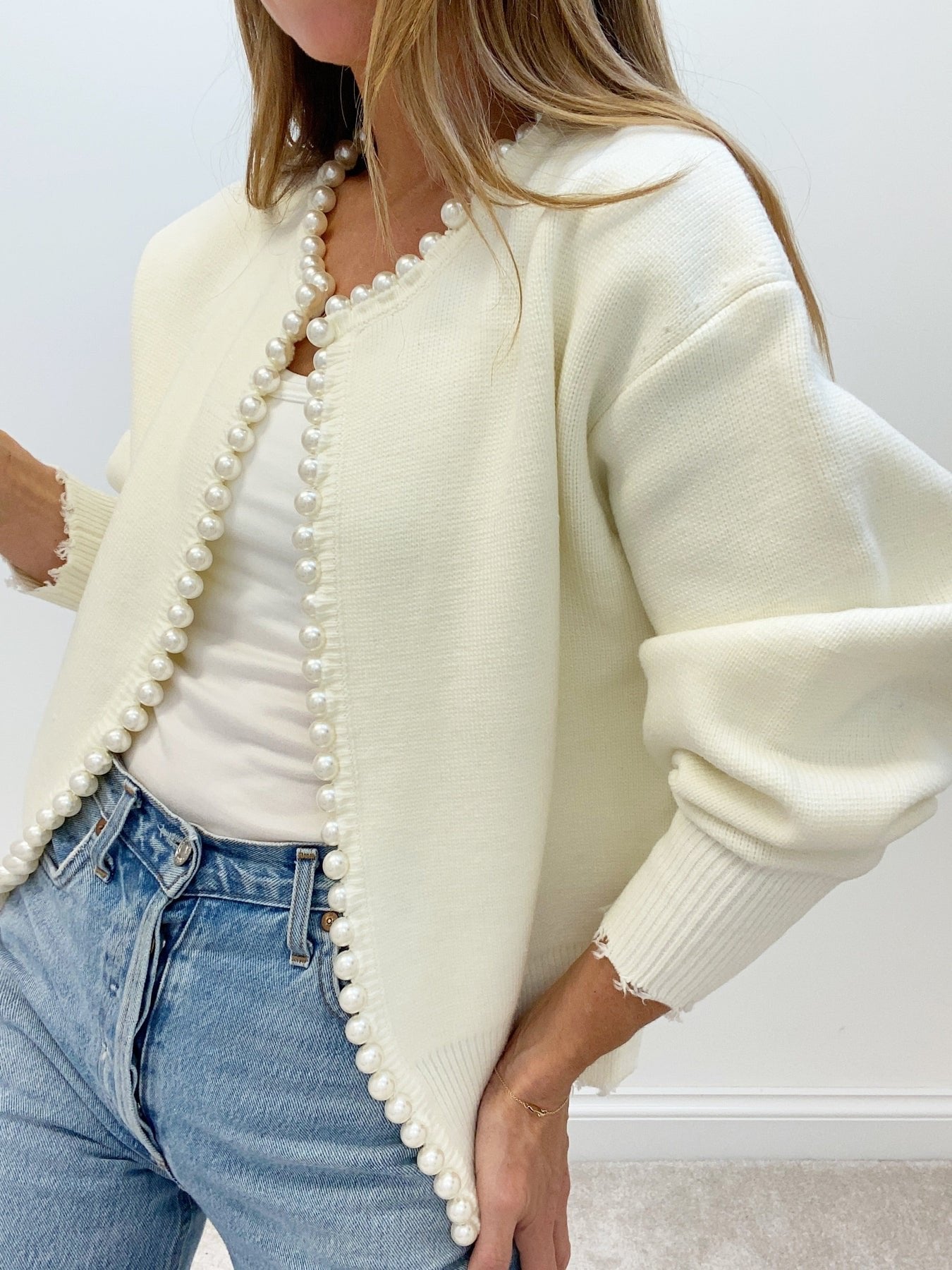 Women's Pearl Trim Cardigan Sweater | Ripped Hem Knit Front