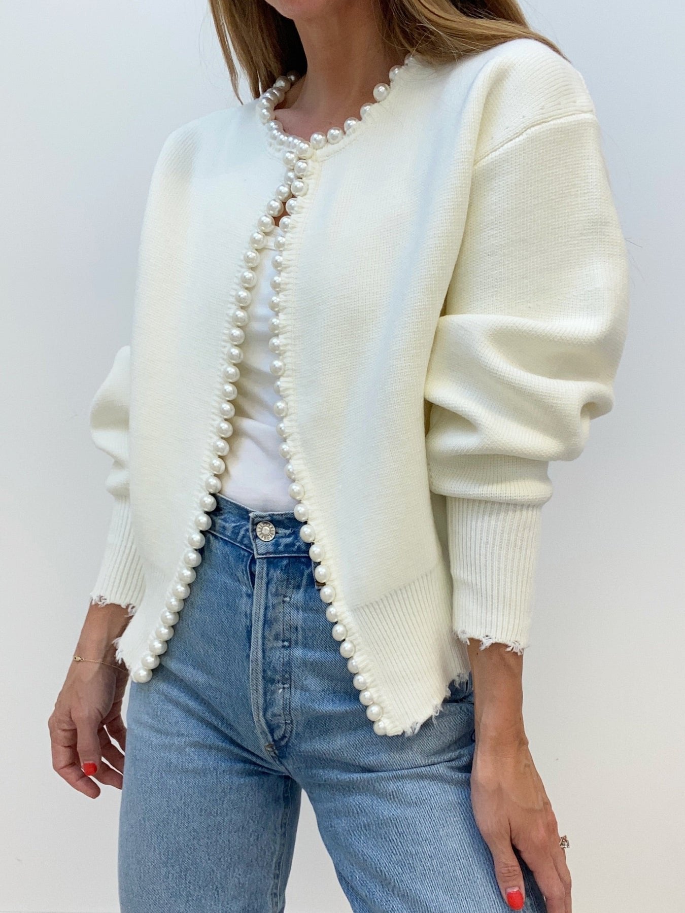 Women's Pearl Trim Cardigan Sweater | Ripped Hem Knit Hero