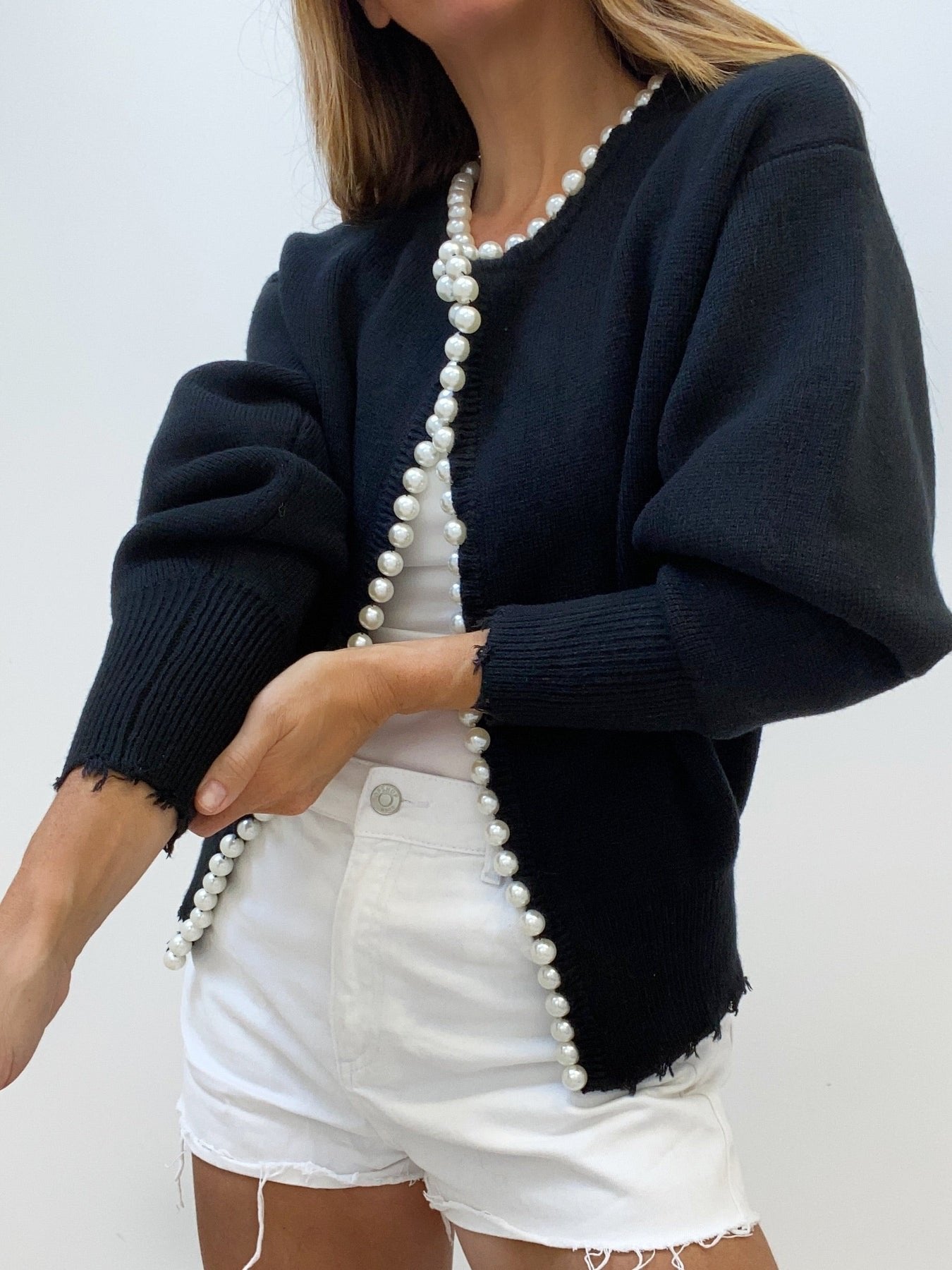 Women's Pearl Trim Cardigan Sweater | Ripped Hem Knit View 11