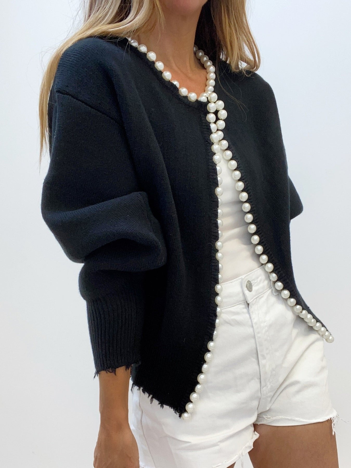 Women's Pearl Trim Cardigan Sweater | Ripped Hem Knit View 13