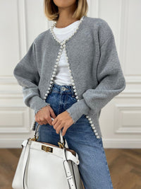 Women's Pearl Trim Cardigan Sweater | Ripped Hem Knit View 14
