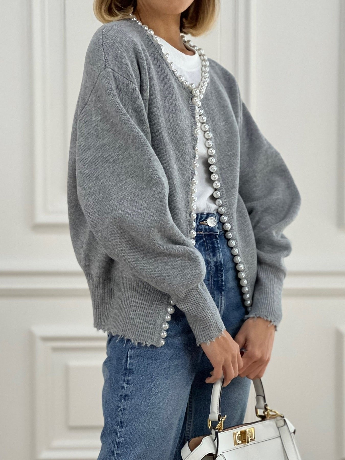 Women's Pearl Trim Cardigan Sweater | Ripped Hem Knit View 15