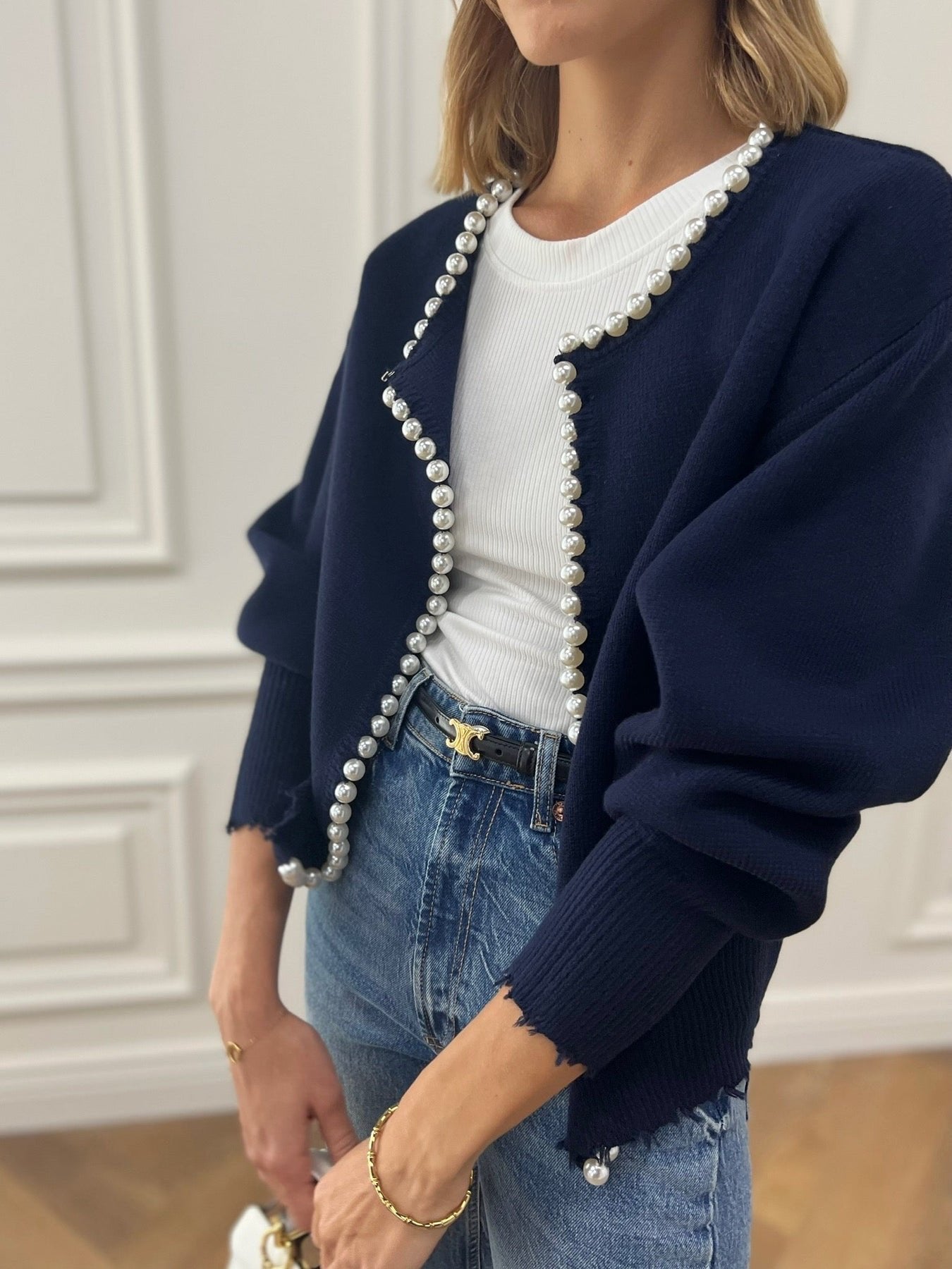 Women's Pearl Trim Cardigan Sweater | Ripped Hem Knit View 17