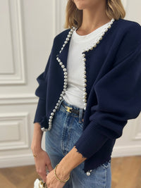 Women's Pearl Trim Cardigan Sweater | Ripped Hem Knit View 17
