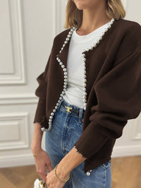 Women's Pearl Trim Cardigan Sweater | Ripped Hem Knit View 20