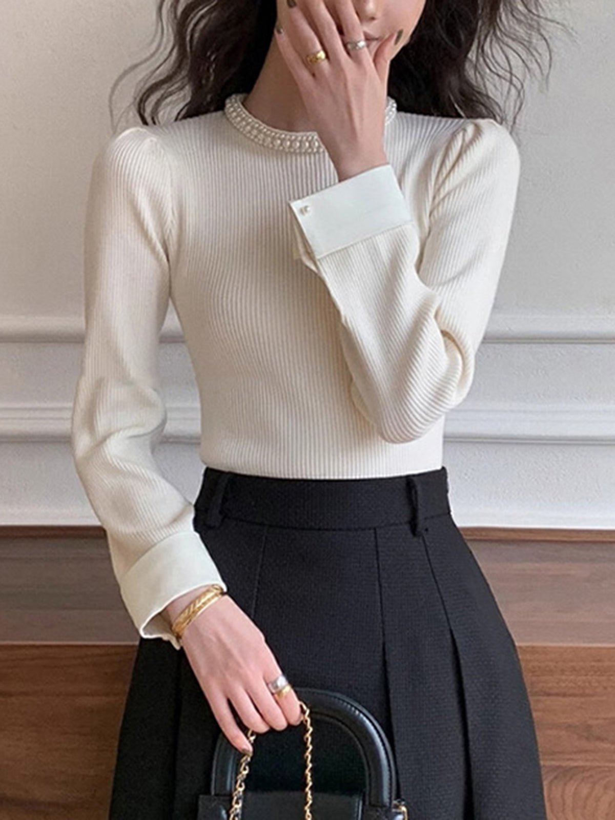 Women's Pearl Trim Contrast Sweater | Slim Fit Knit Angle