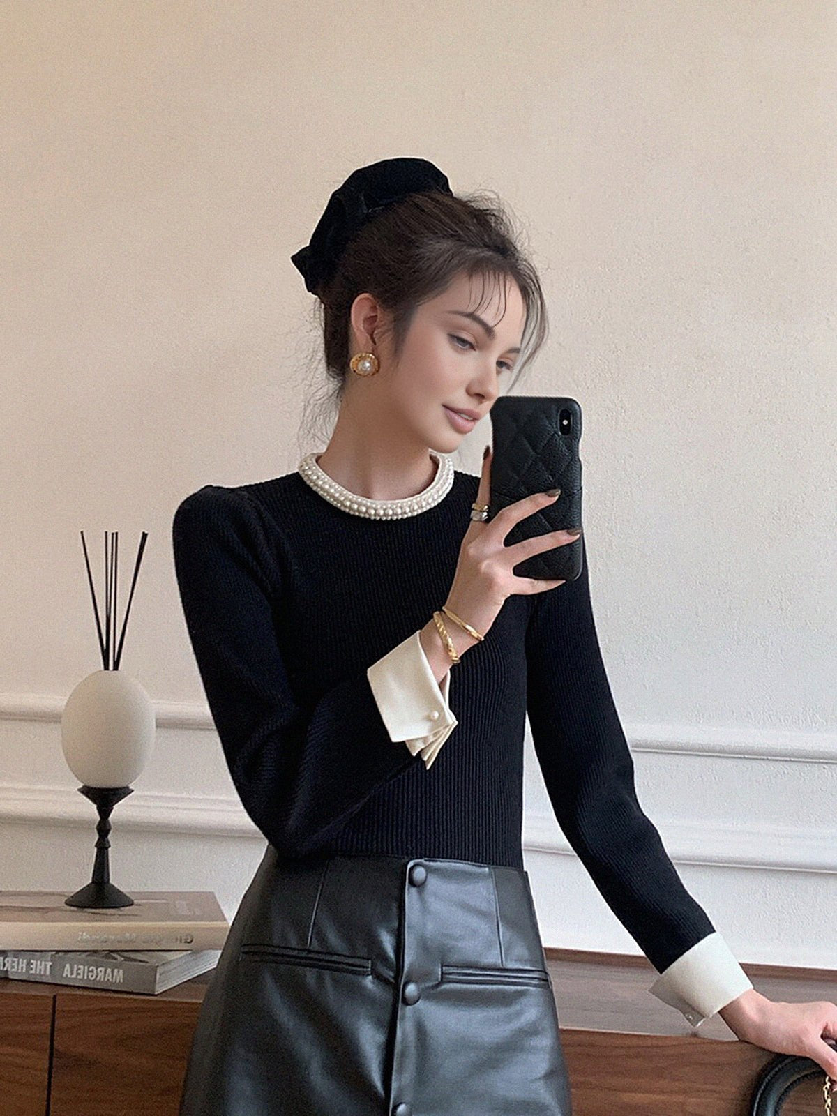 Women's Pearl Trim Contrast Sweater | Slim Fit Knit Detail