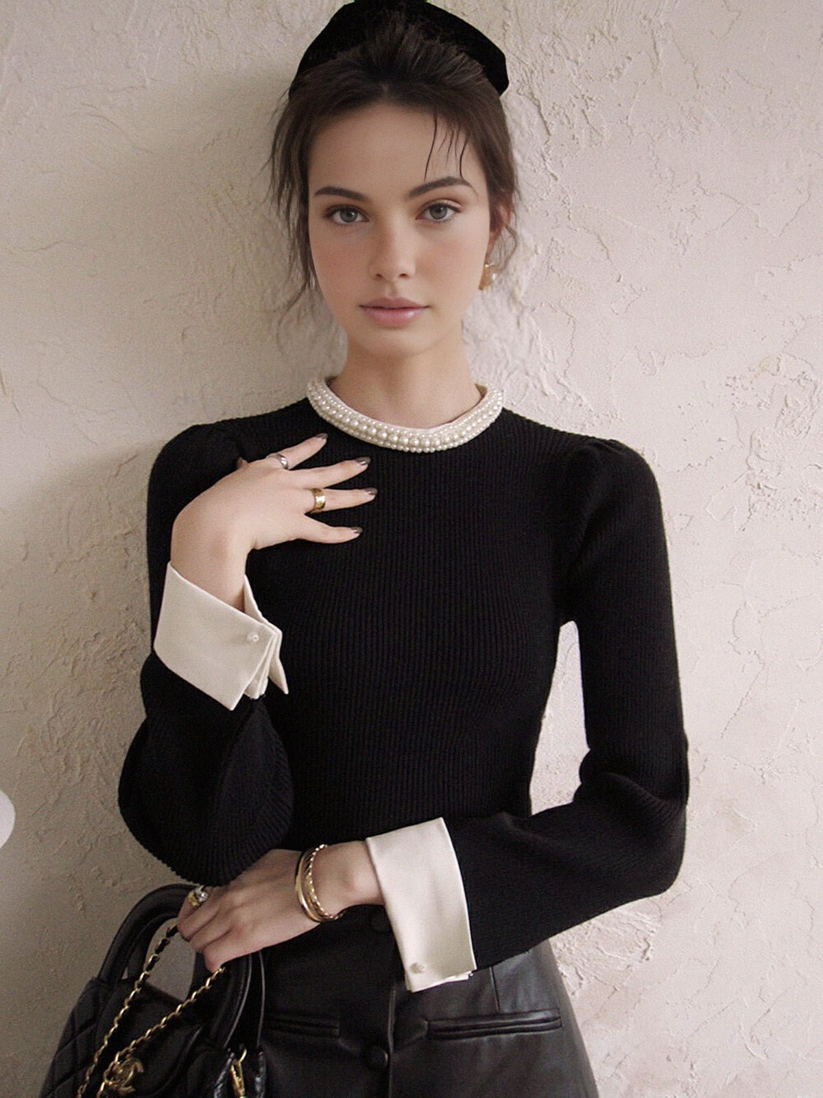 Women's Pearl Trim Contrast Sweater | Slim Fit Knit Hero