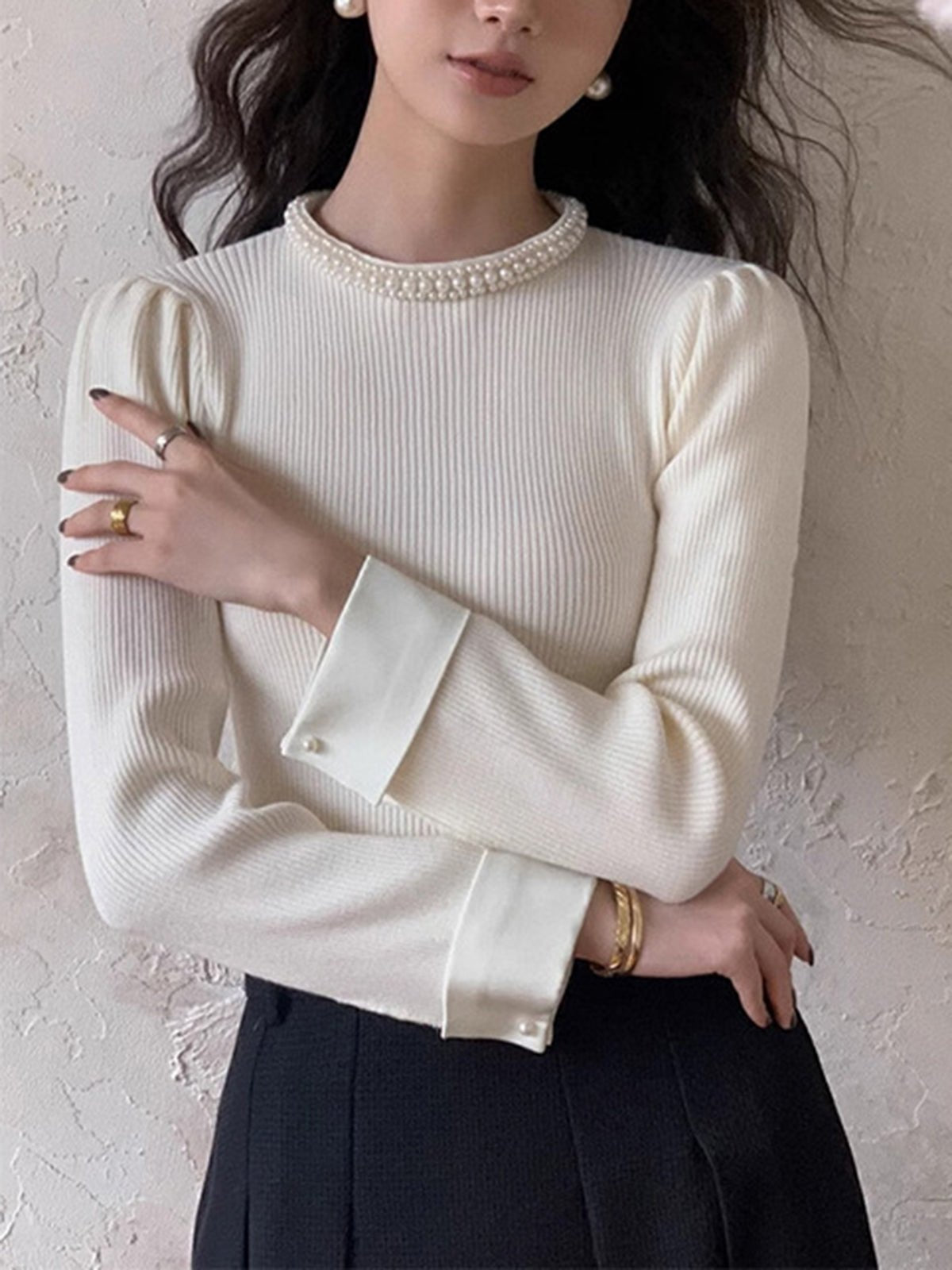 Women's Pearl Trim Contrast Sweater | Slim Fit Knit Lifestyle