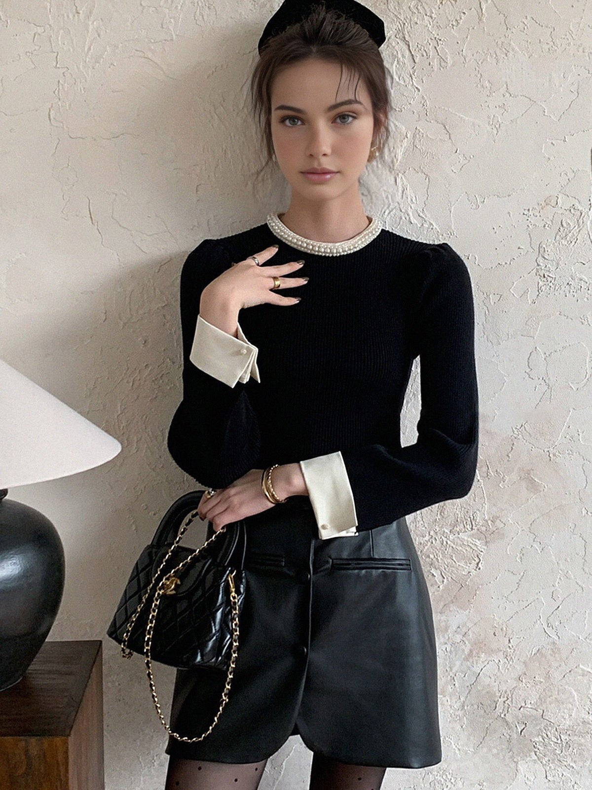 Women's Pearl Trim Contrast Sweater | Slim Fit Knit Side