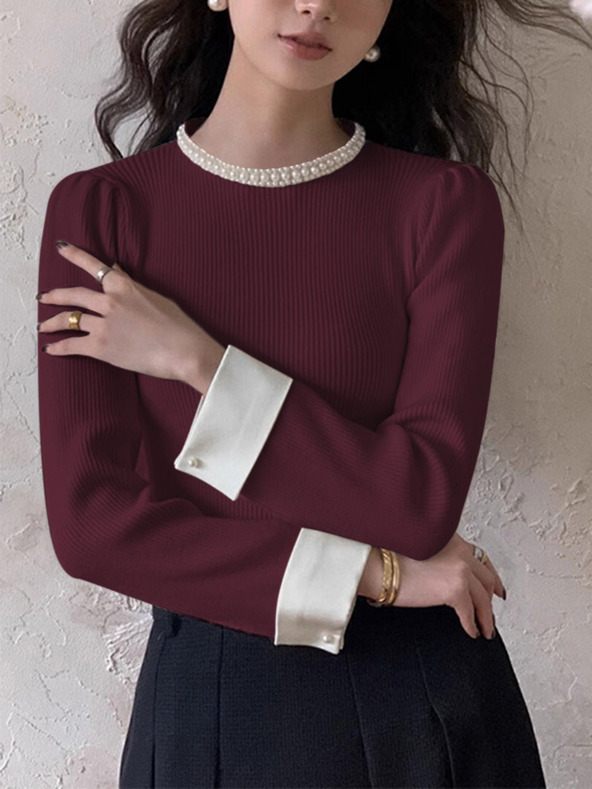 Women's Pearl Trim Contrast Sweater | Slim Fit Knit View 11