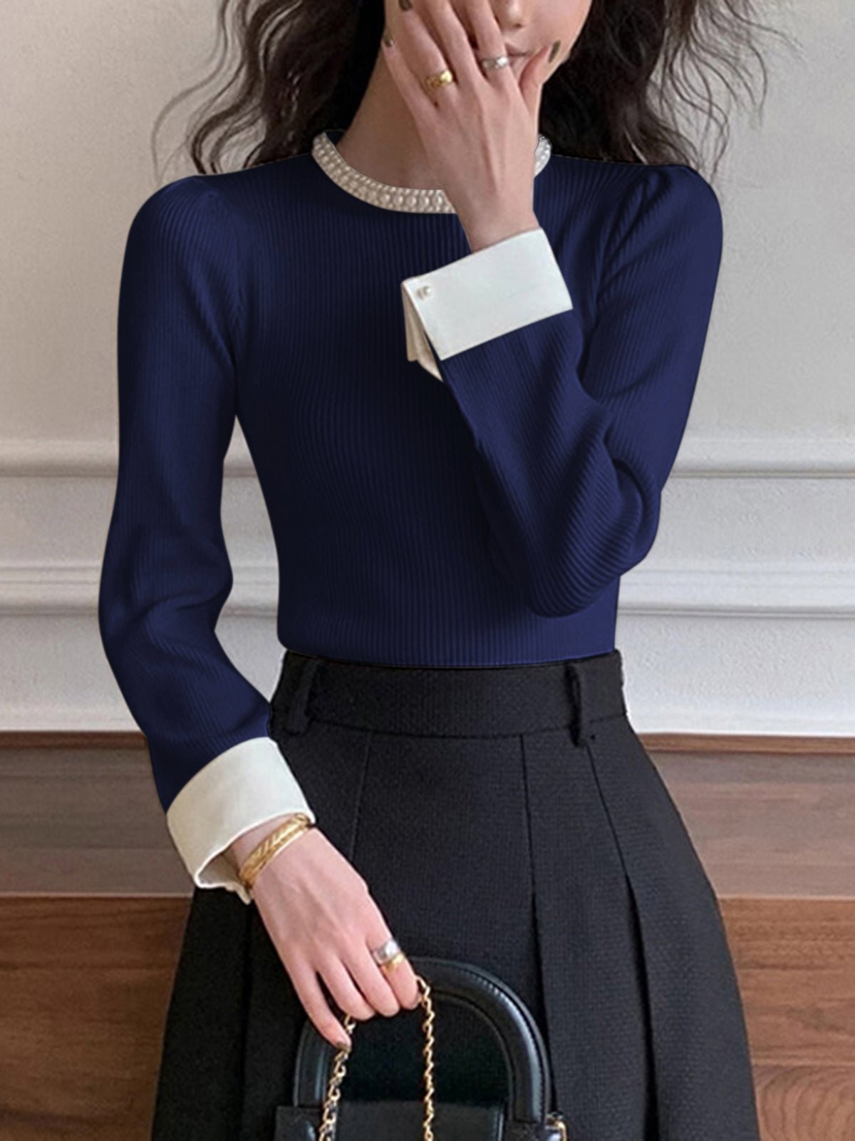 Women's Pearl Trim Contrast Sweater | Slim Fit Knit View 13