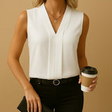 Women's Pleated Sleeveless V-Neck Blouse