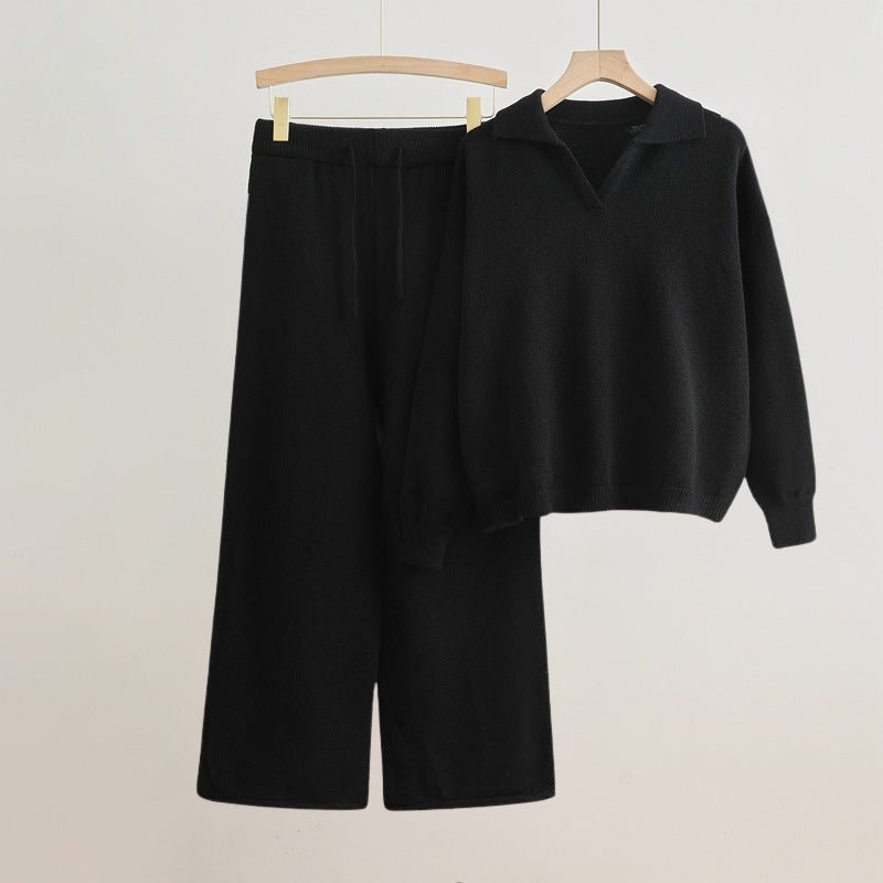 Women's Polo Collar Elegant Set | Wide-Leg Sweater Detail