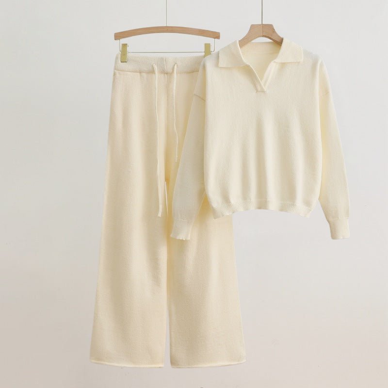 Women's Polo Collar Elegant Set | Wide-Leg Sweater Side