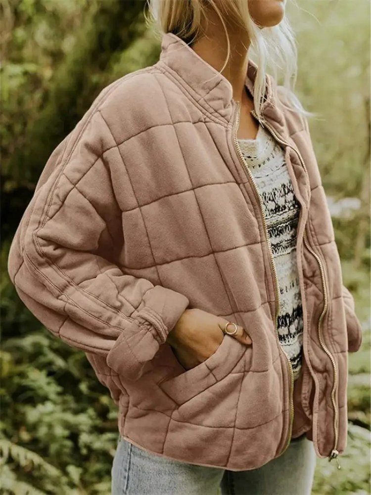 Women's Quilted Oversized Bomber Jacket | Casual Relaxed Fit Angle