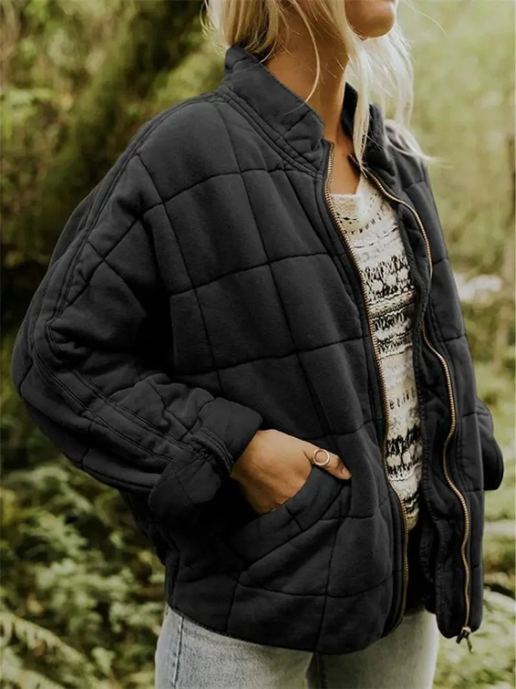 Women's Quilted Oversized Bomber Jacket | Casual Relaxed Fit Front