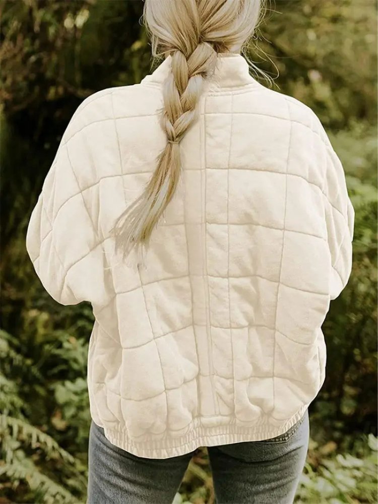 Women's Quilted Oversized Bomber Jacket | Casual Relaxed Fit View 13